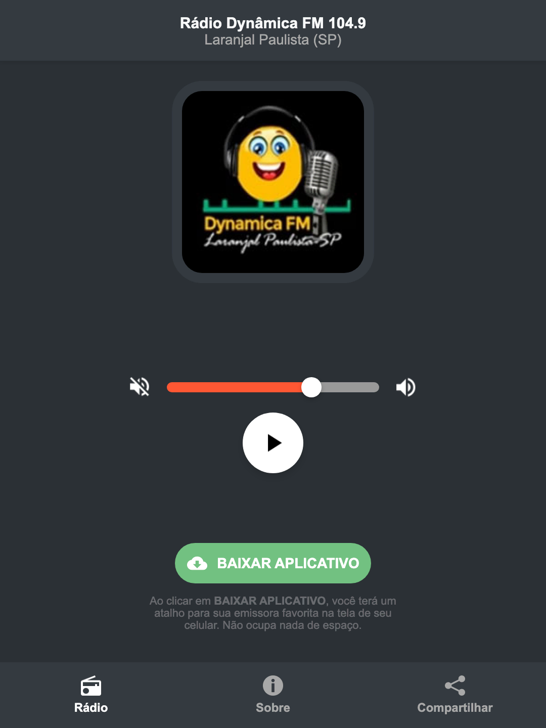 Screenshot do aplicativo da Rádio Dynâmica FM 104.9