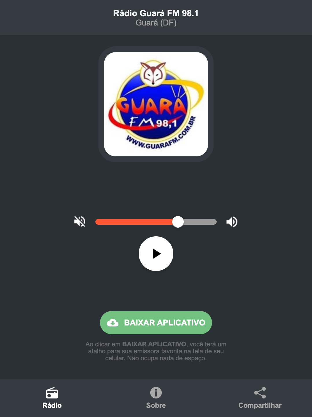 Screenshot do aplicativo da Rádio Guará FM 98.1