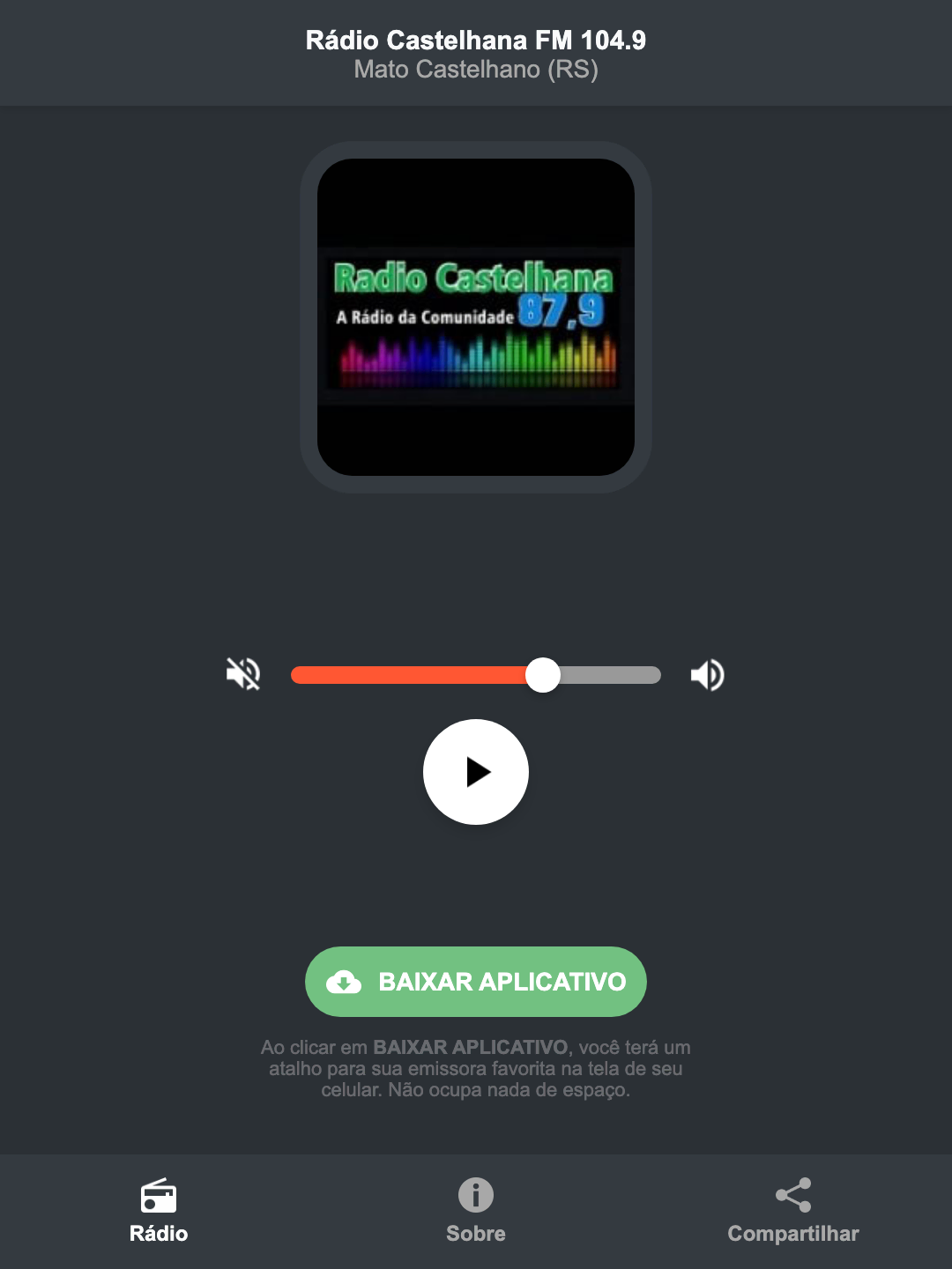 Screenshot do aplicativo da Rádio Castelhana FM 104.9