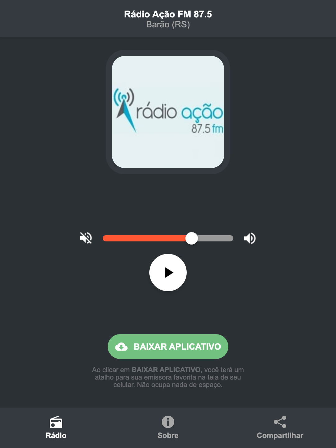 Screenshot do aplicativo da Rádio Ação FM 87.5