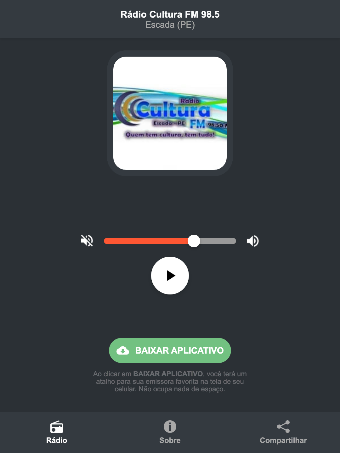Screenshot do aplicativo da Rádio Cultura FM 98.5