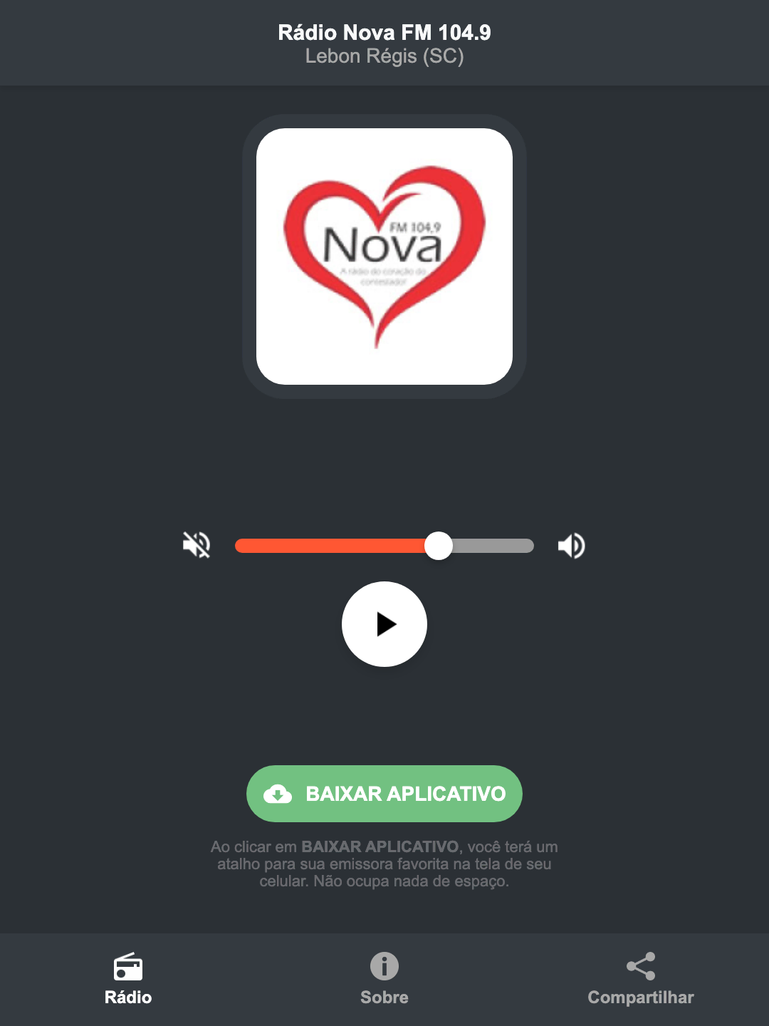 Screenshot do aplicativo da Rádio Nova FM 104.9