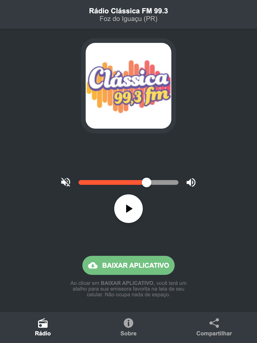 Screenshot do aplicativo da Rádio Clássica FM 99.3