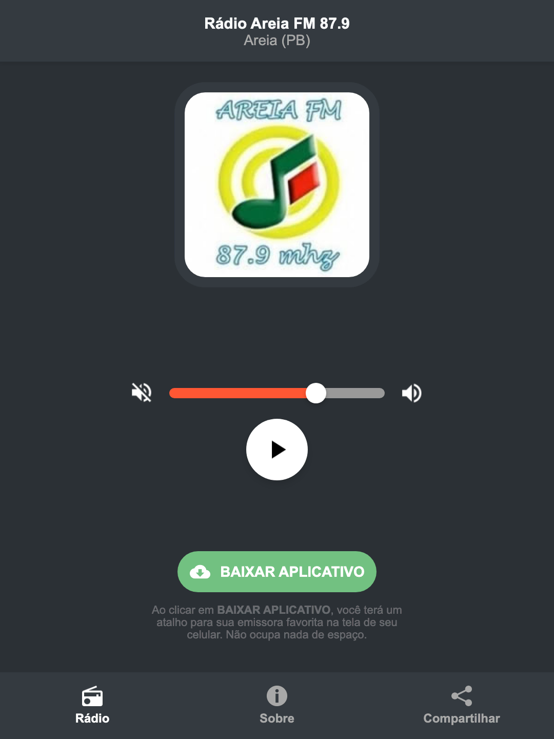 Screenshot do aplicativo da Rádio Areia FM 87.9