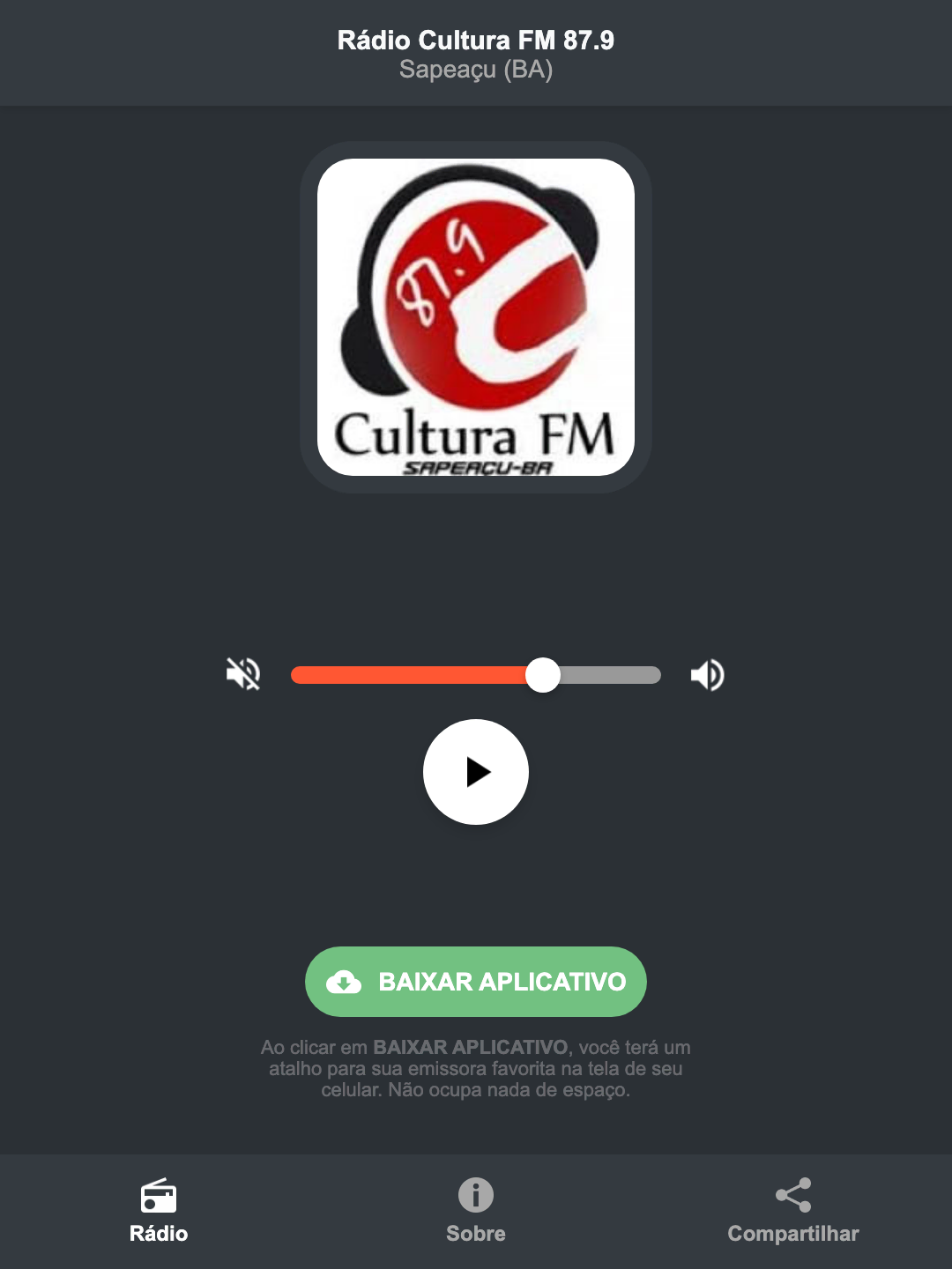 Screenshot do aplicativo da Rádio Cultura FM 87.9