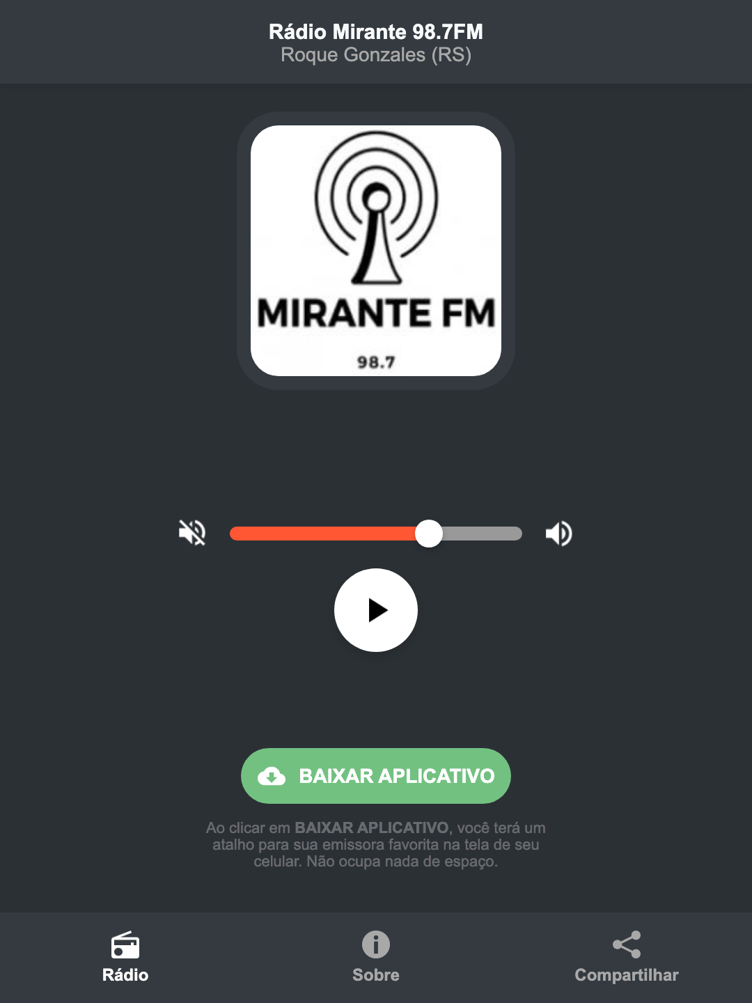 Screenshot do aplicativo da Rádio Mirante 98.7FM