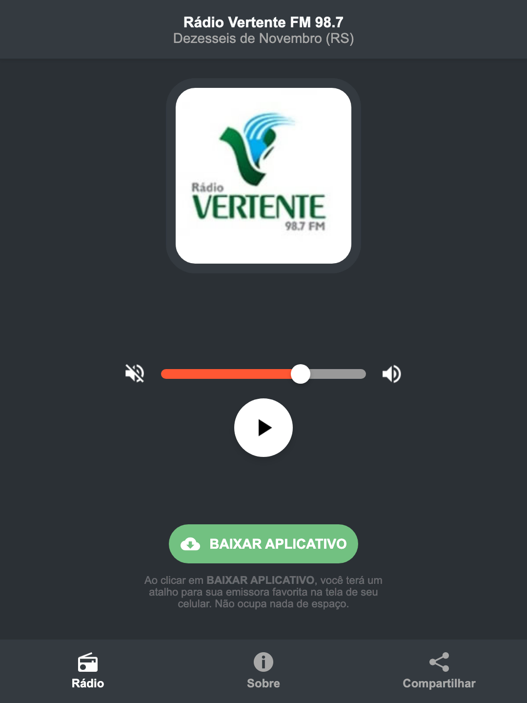Screenshot do aplicativo da Rádio Vertente FM 98.7