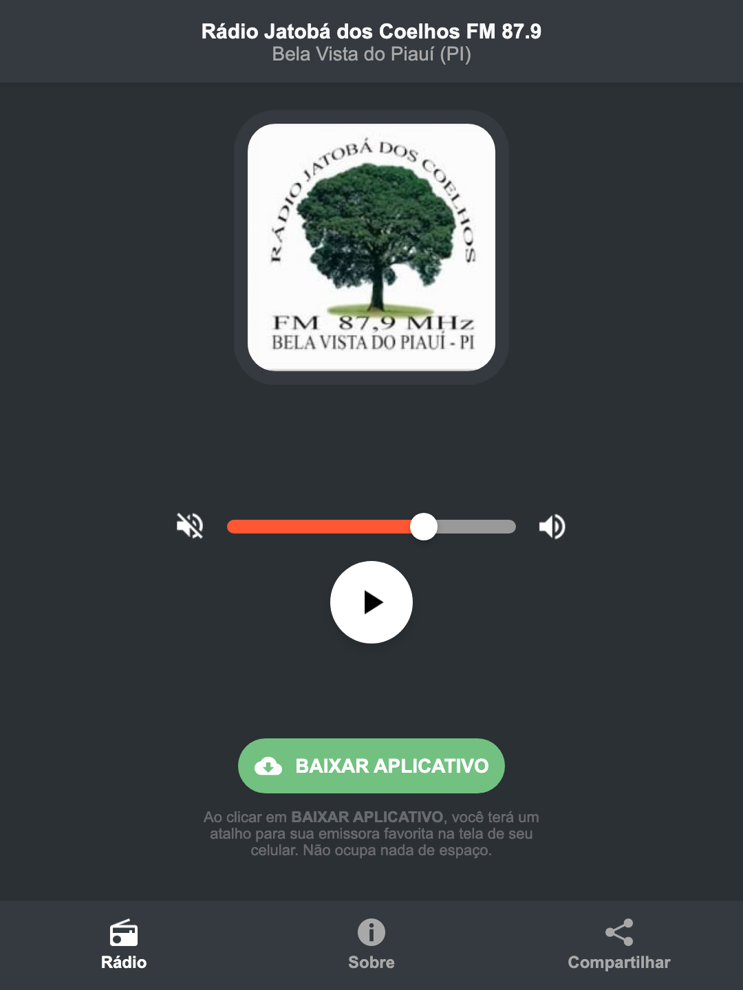 Screenshot do aplicativo da Rádio Jatobá dos Coelhos FM 87.9