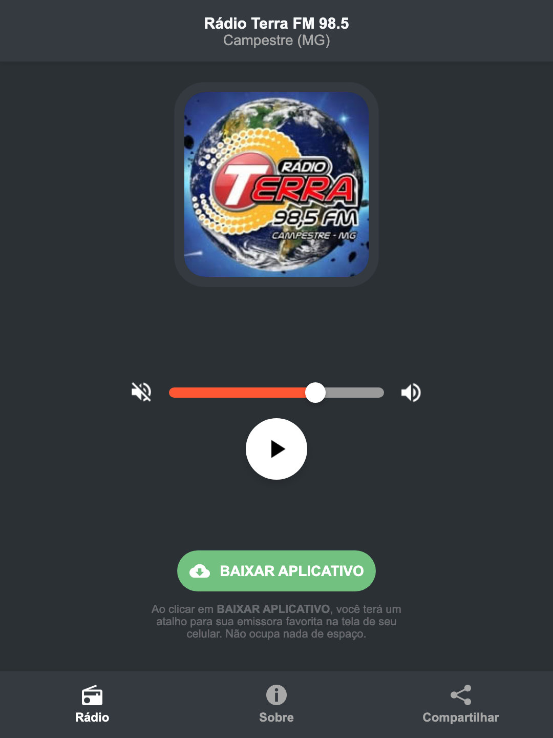 Screenshot do aplicativo da Rádio Terra FM 98.5