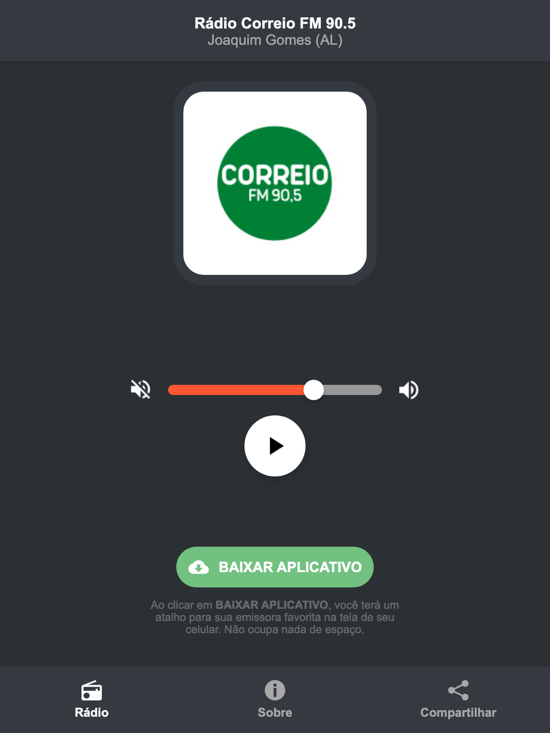 Screenshot do aplicativo da Rádio Correio FM 90.5
