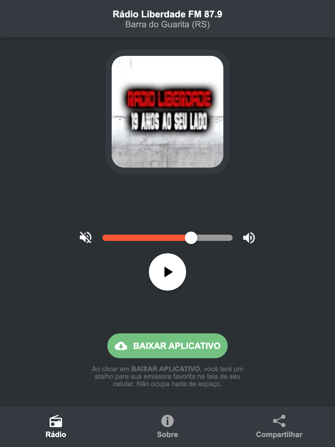Screenshot do aplicativo da Rádio Liberdade FM 87.9