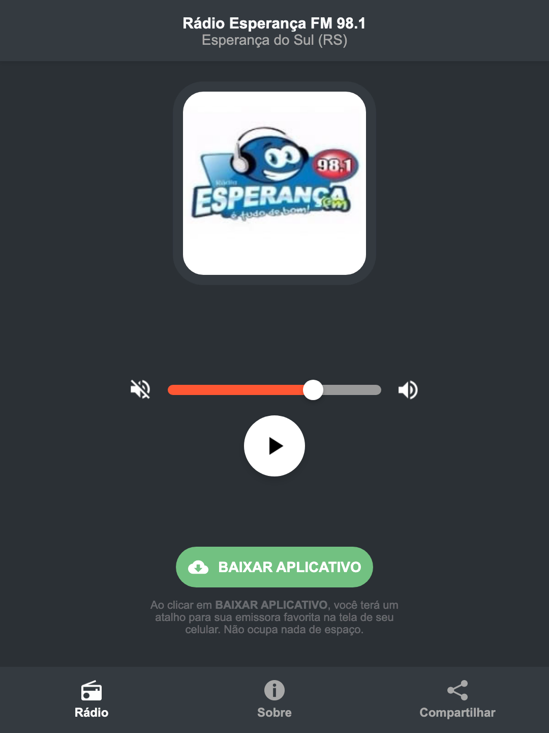 Screenshot do aplicativo da Rádio Esperança FM 98.1