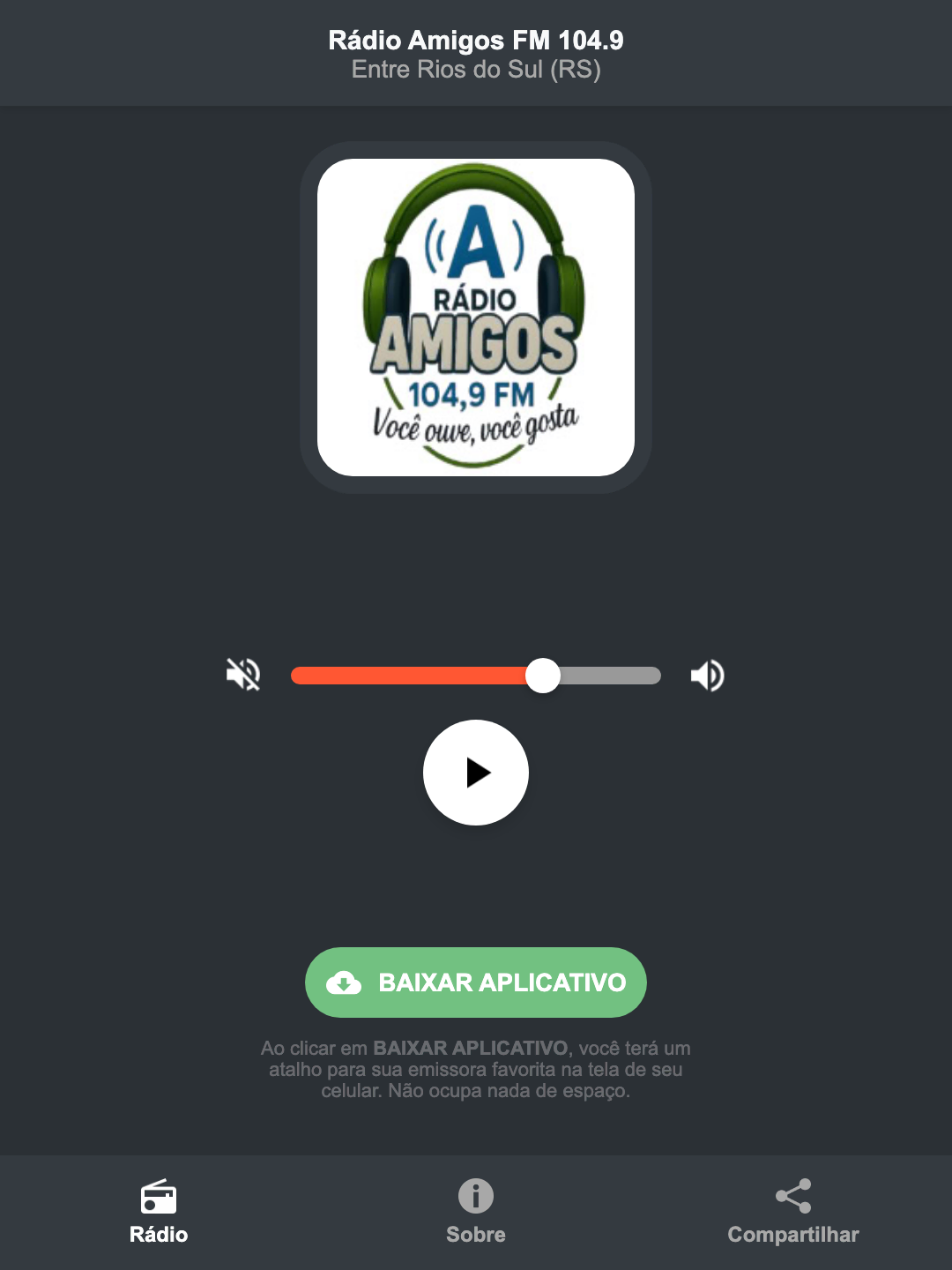 Screenshot do aplicativo da Rádio Amigos FM 104.9