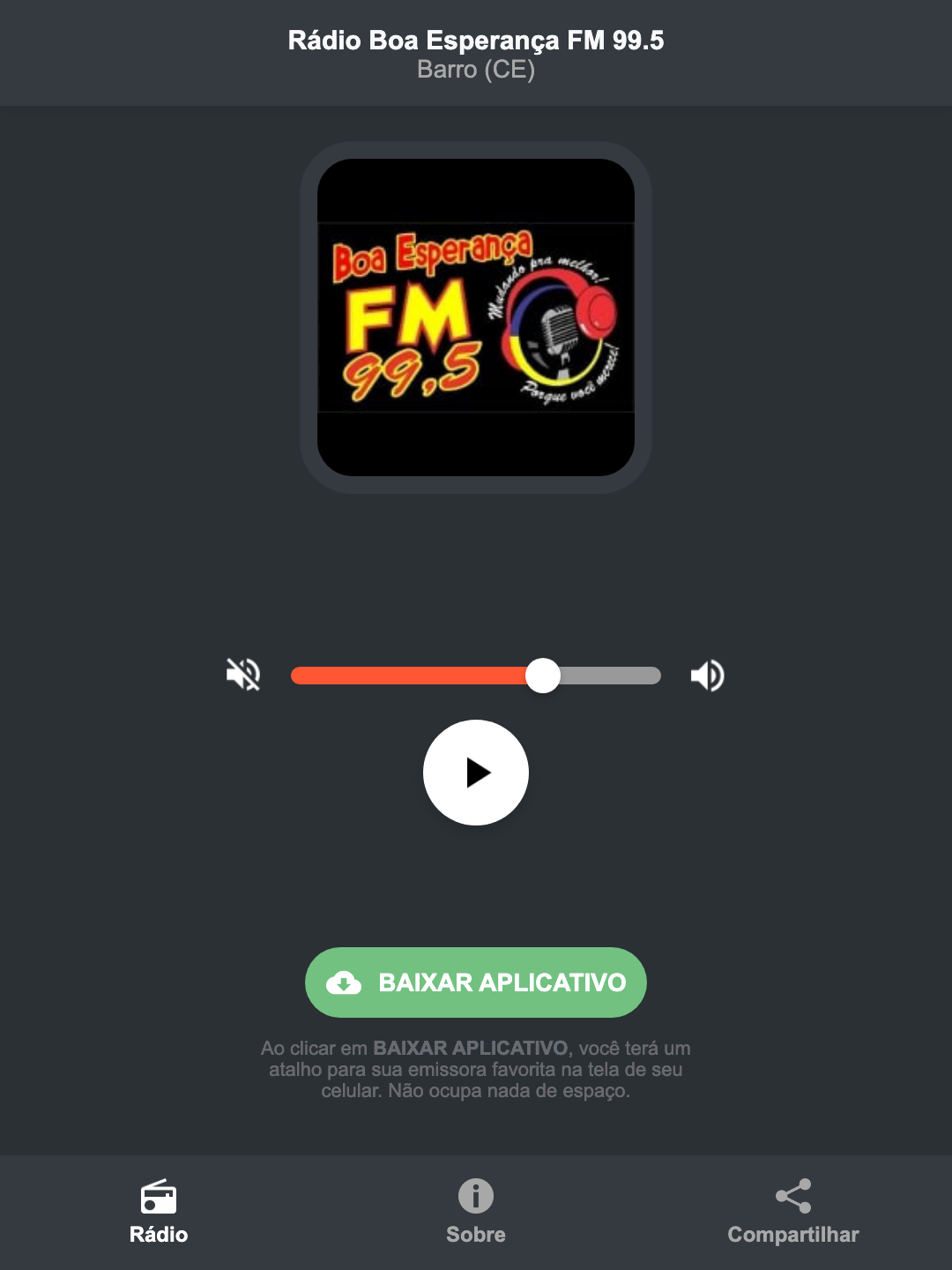 Screenshot do aplicativo da Rádio Boa Esperança FM 99.5