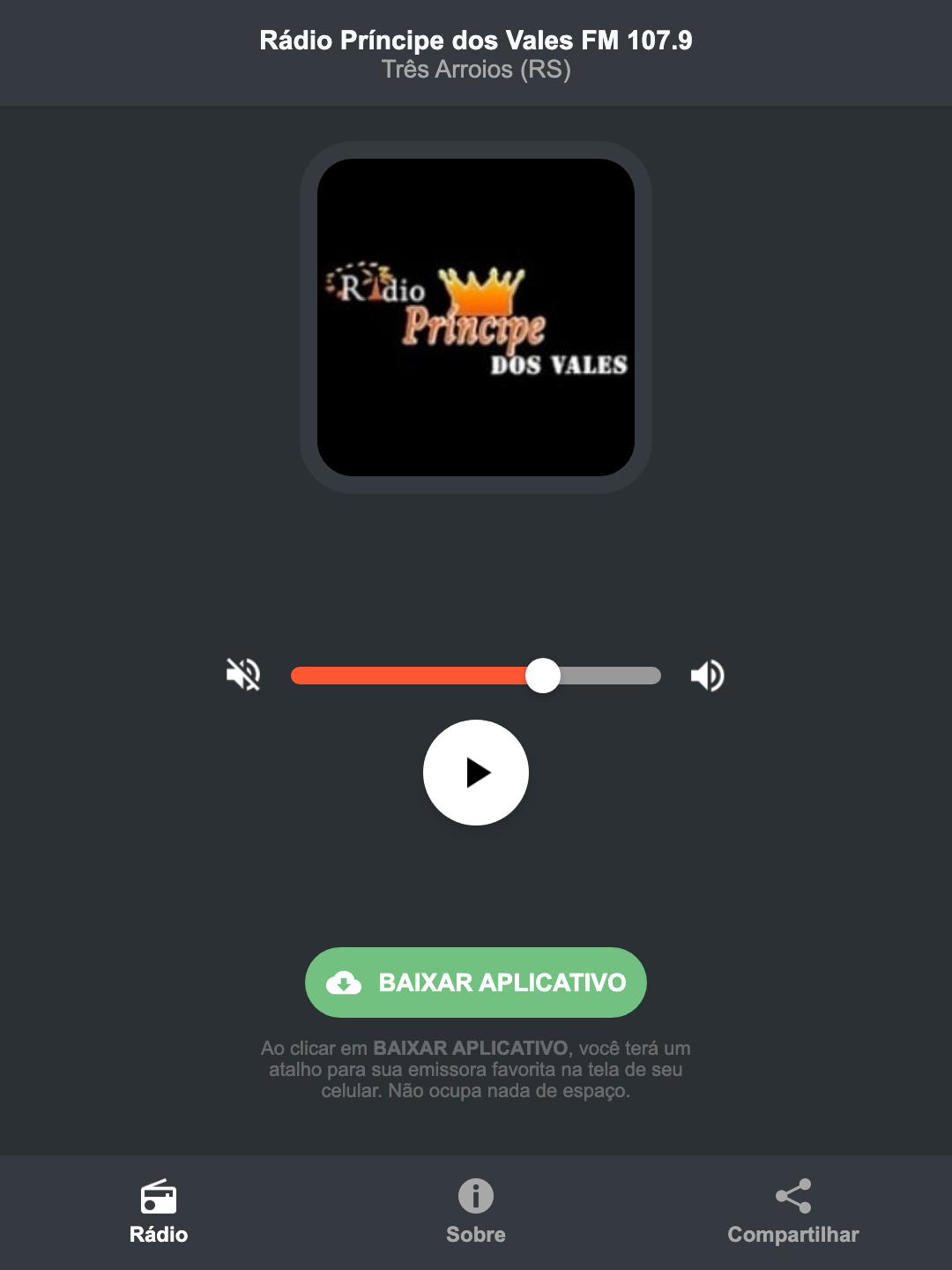 Screenshot do aplicativo da Rádio Príncipe dos Vales FM 107.9