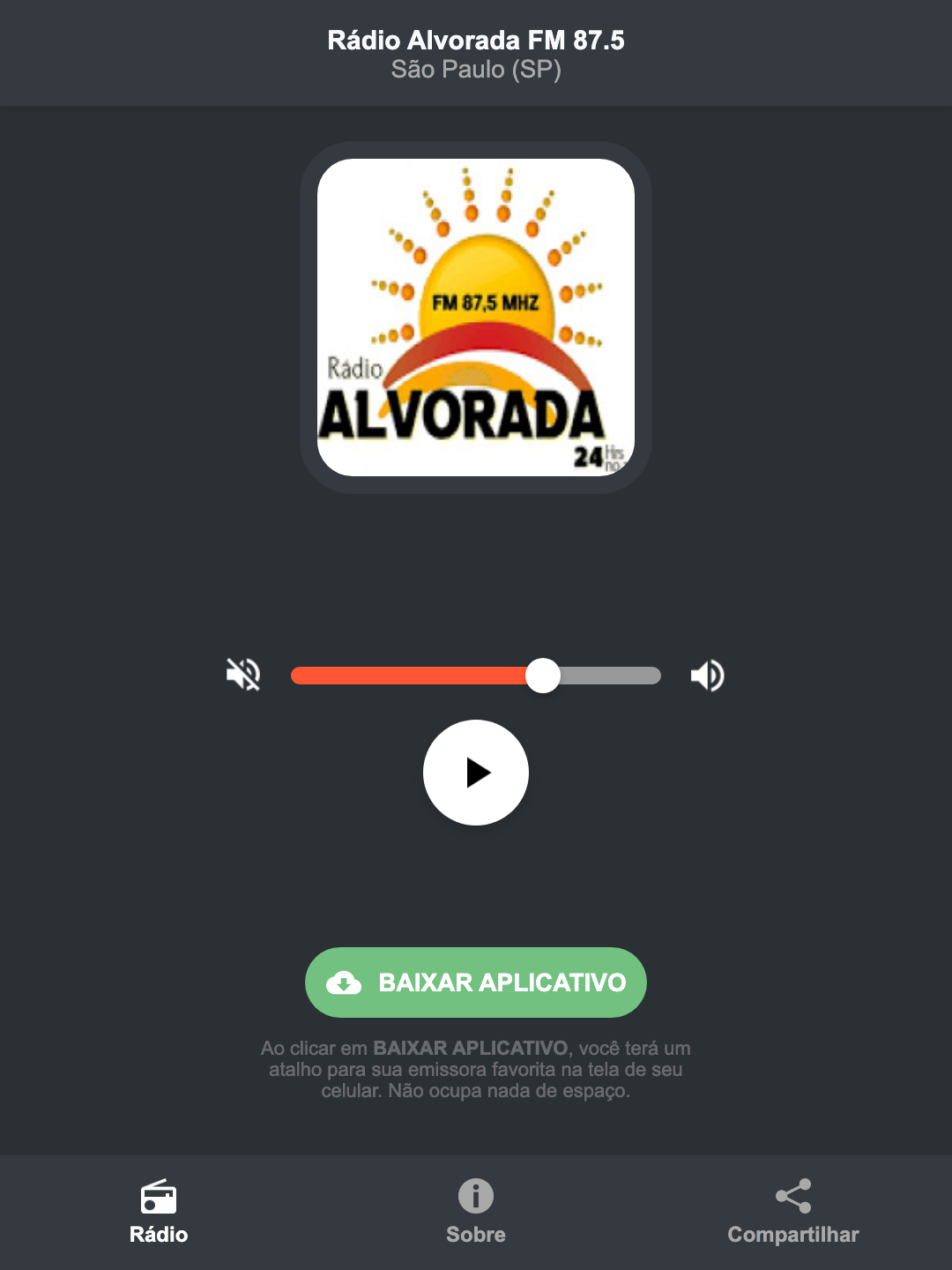 Screenshot do aplicativo da Rádio Alvorada FM 87.5
