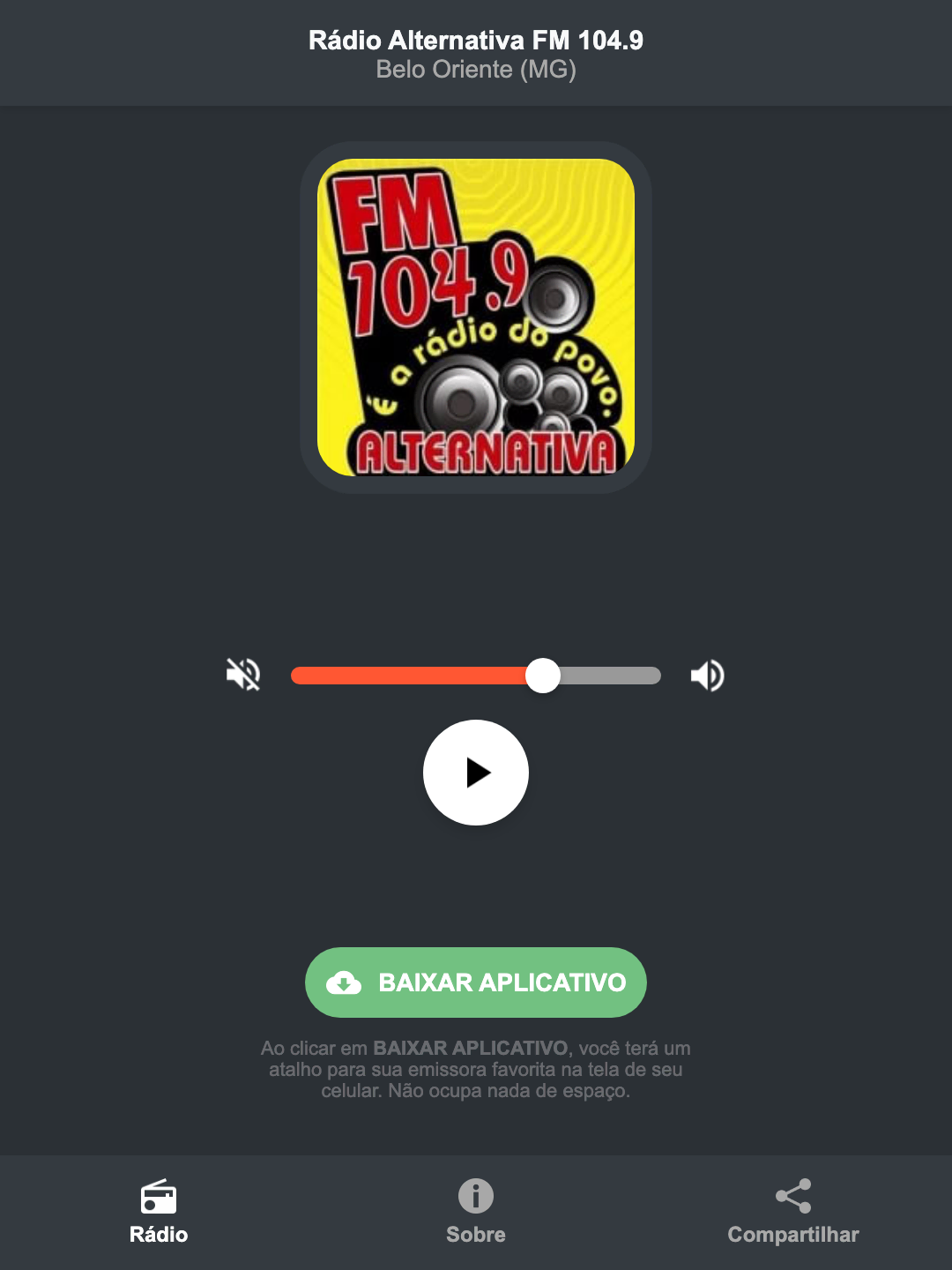 Screenshot do aplicativo da Rádio Alternativa FM 104.9