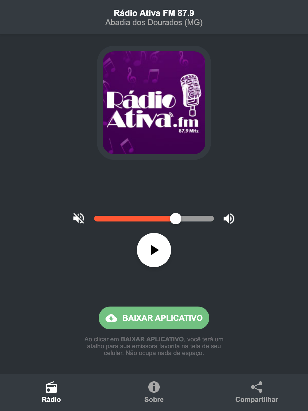 Screenshot do aplicativo da Rádio Ativa FM 87.9