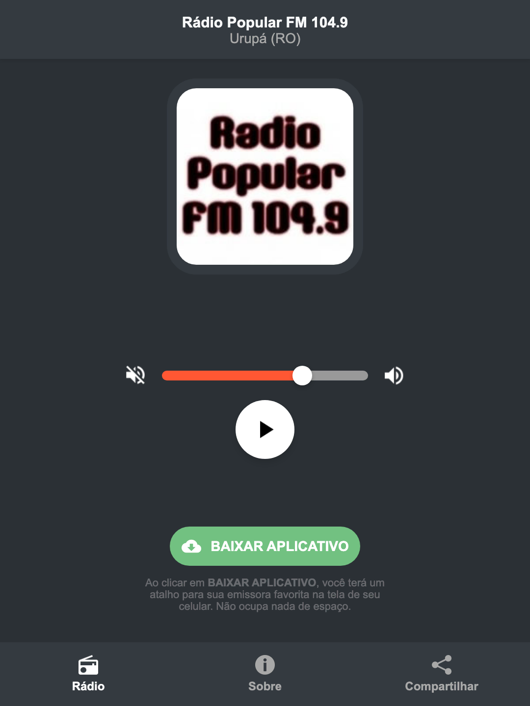 Screenshot do aplicativo da Rádio Popular FM 104.9