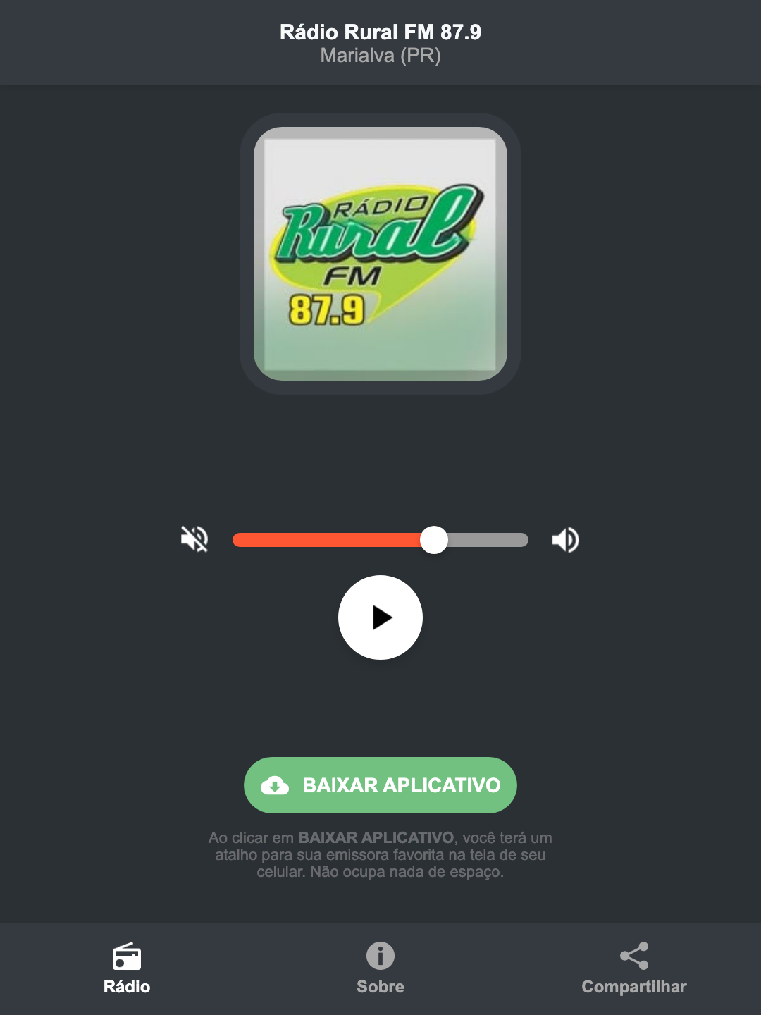 Screenshot do aplicativo da Rádio Rural FM 87.9