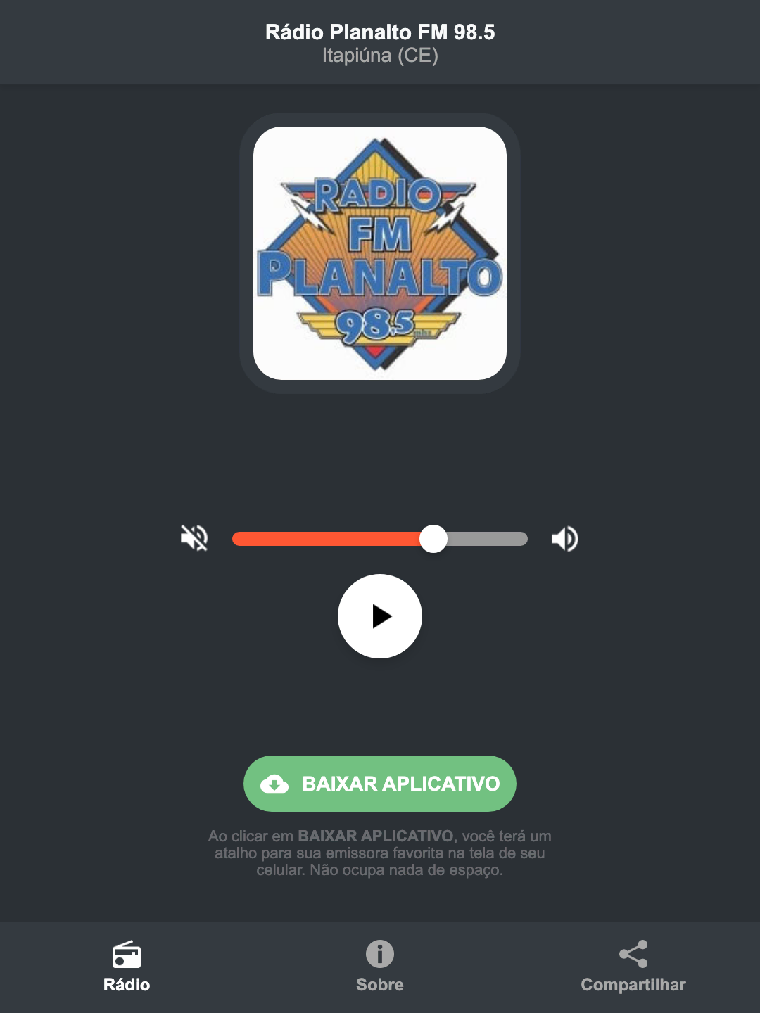 Screenshot do aplicativo da Rádio Planalto FM 98.5