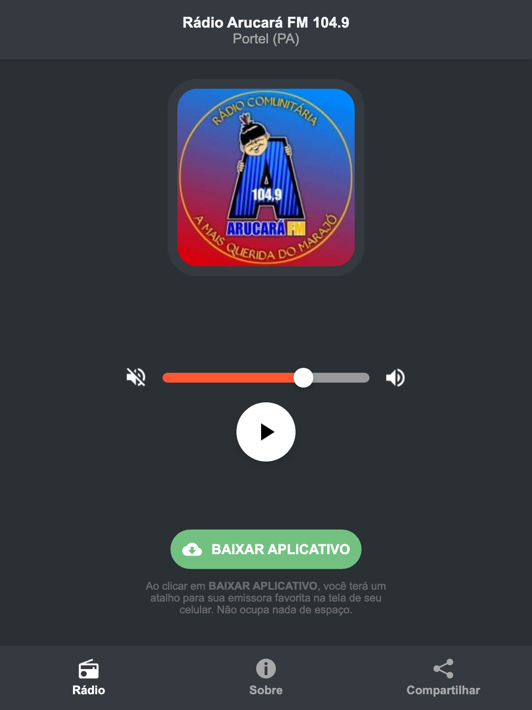 Screenshot do aplicativo da Rádio Arucará FM 104.9