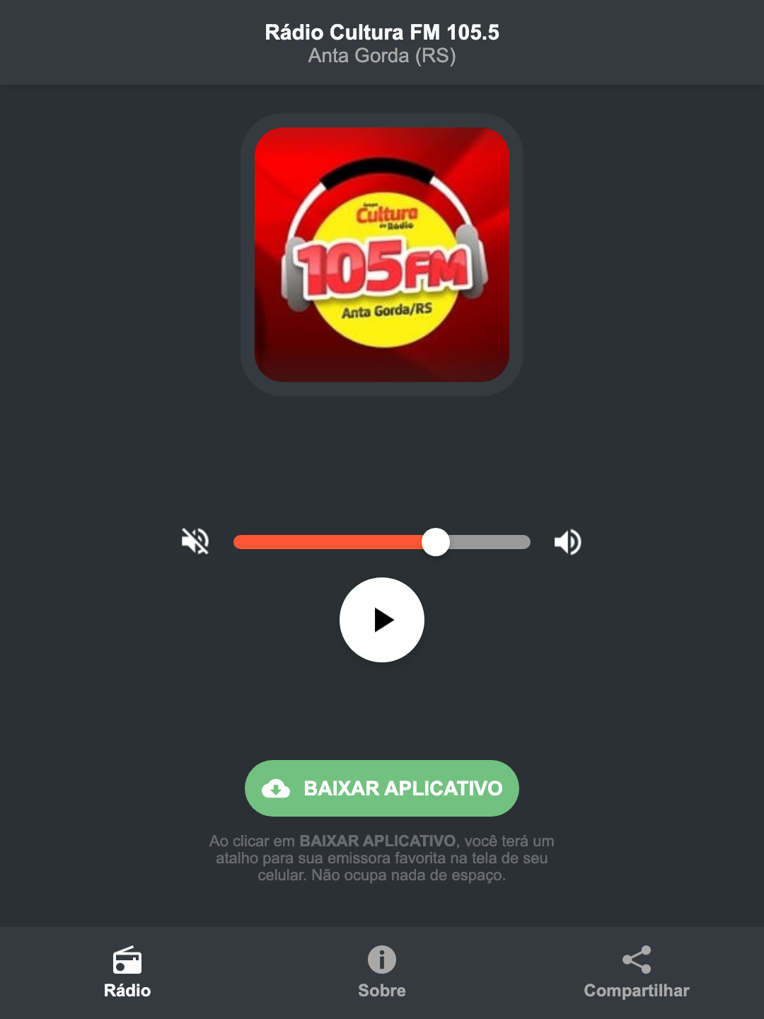 Screenshot do aplicativo da Rádio Cultura FM 105.5