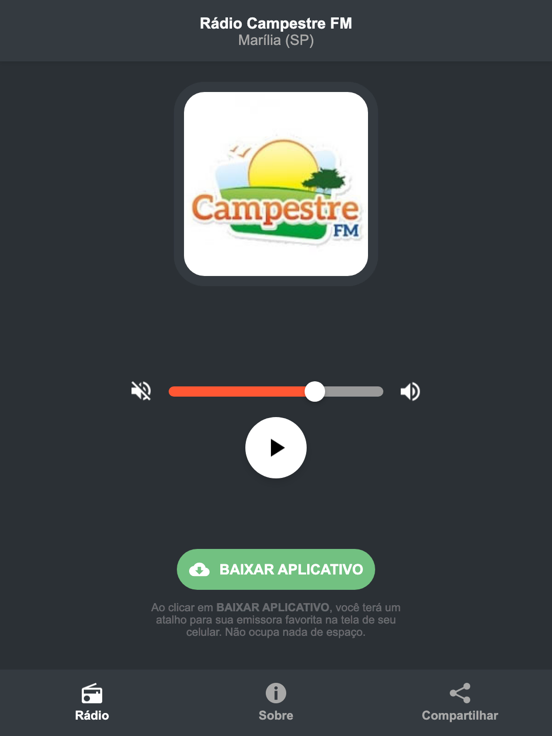 Screenshot do aplicativo da Rádio Campestre FM