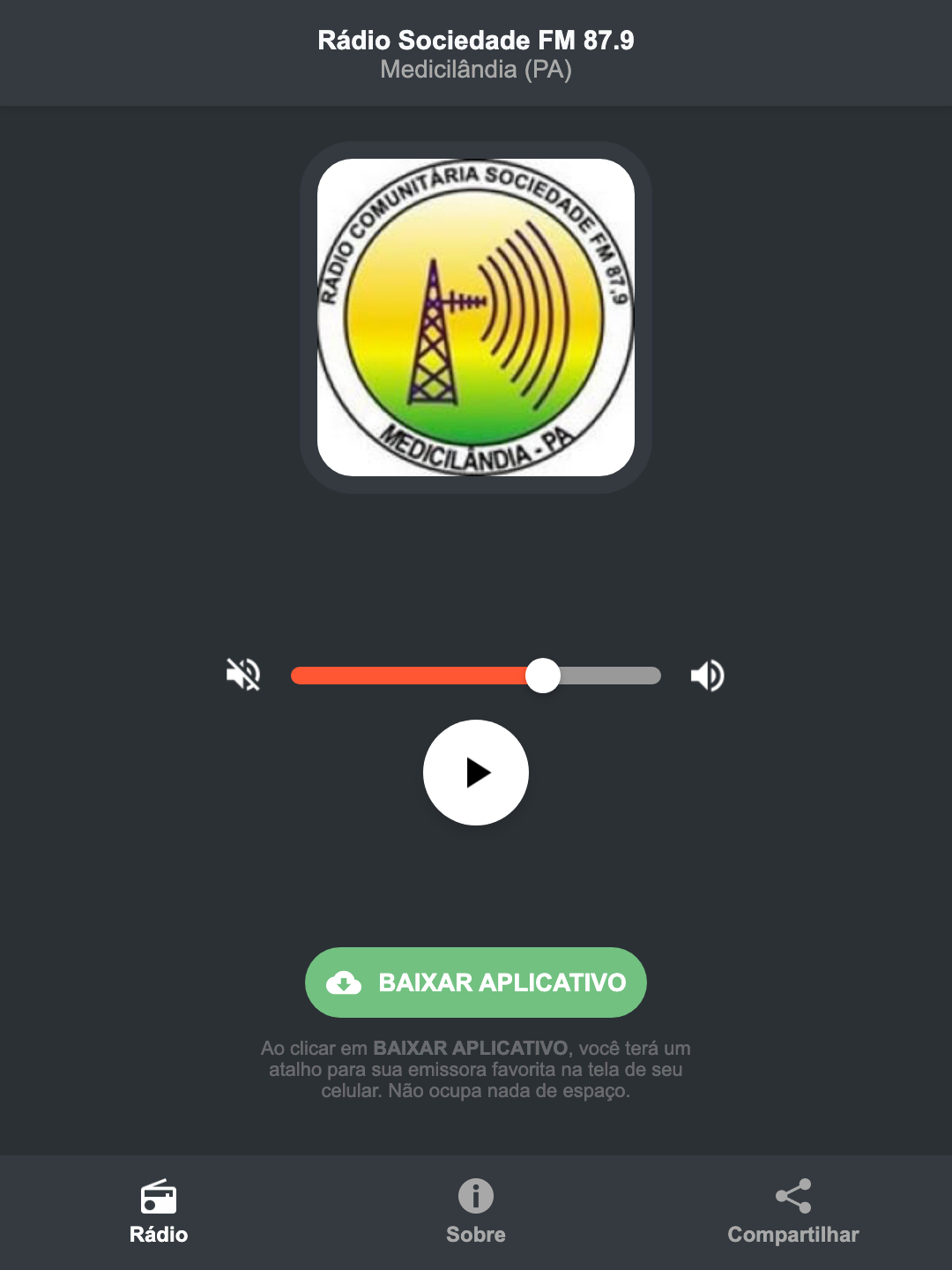 Screenshot do aplicativo da Rádio Sociedade FM 87.9