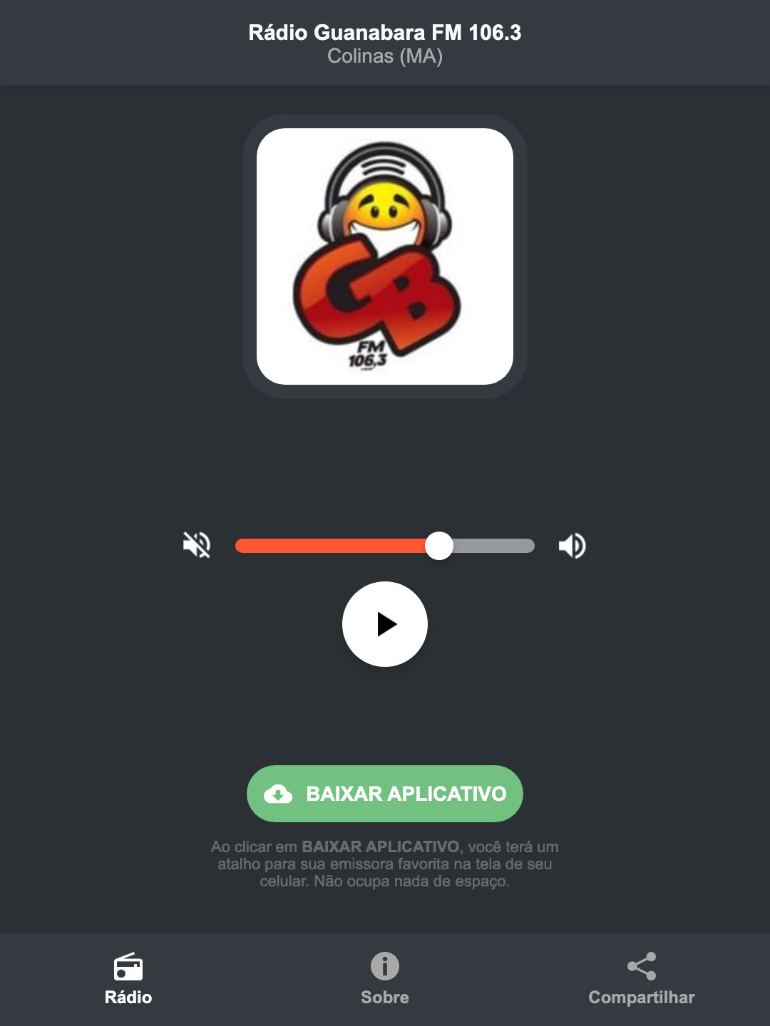 Screenshot do aplicativo da Rádio Guanabara FM 106.3