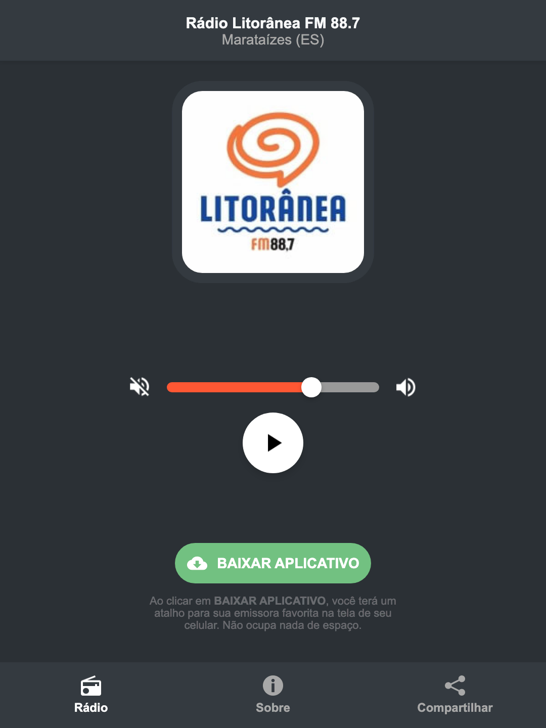 Screenshot do aplicativo da Rádio Litorânea FM 88.7