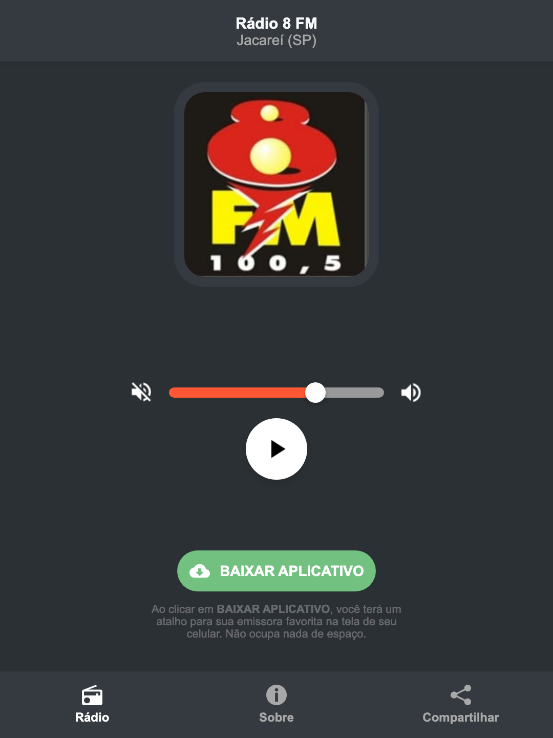 Screenshot do aplicativo da Rádio 8 FM