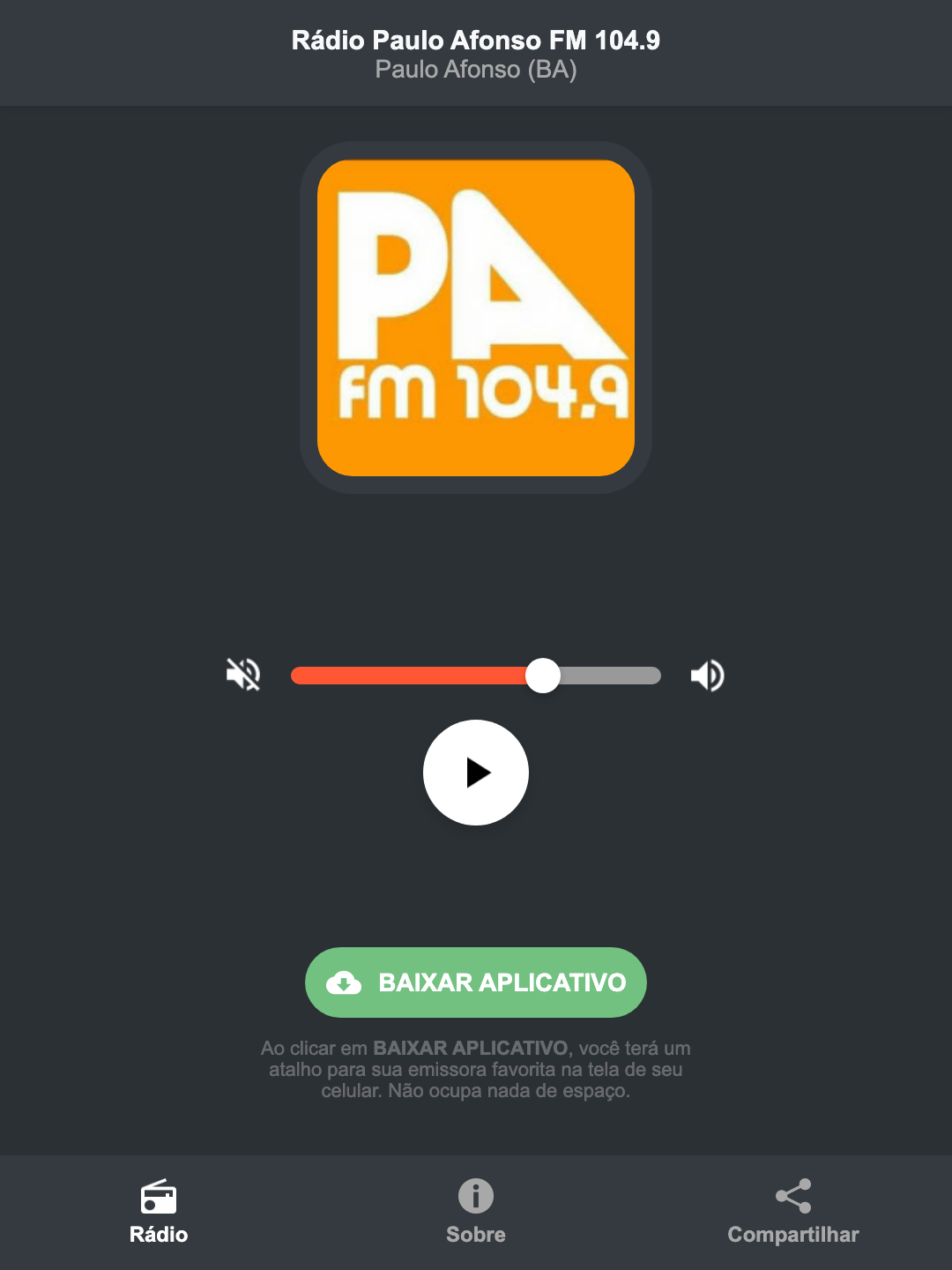 Screenshot do aplicativo da Rádio Paulo Afonso FM 104.9