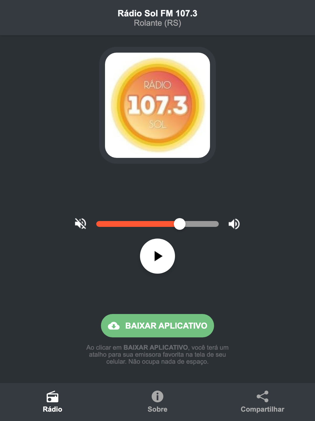 Screenshot do aplicativo da Rádio Sol FM 107.3