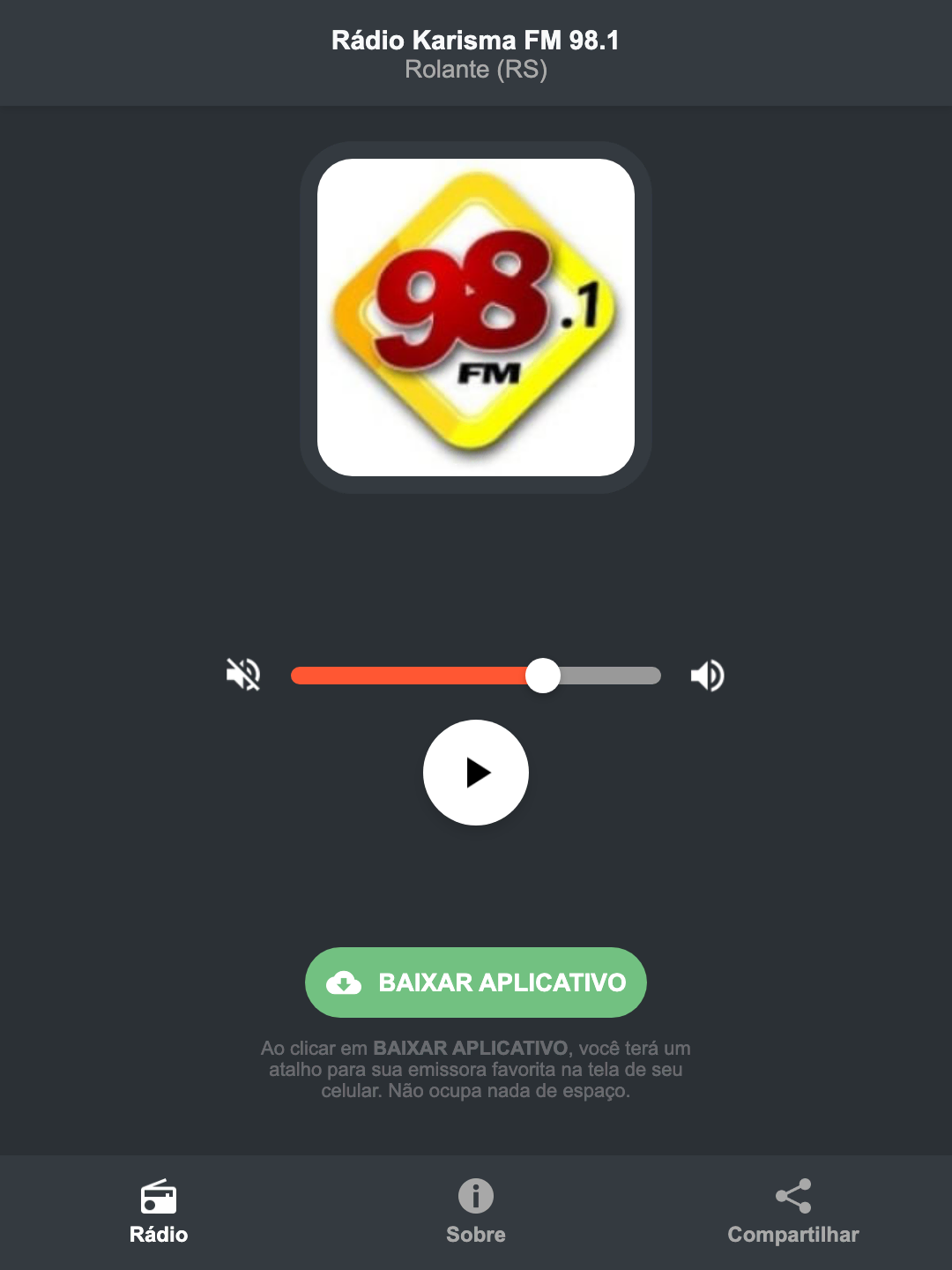 Screenshot do aplicativo da Rádio Karisma FM 98.1