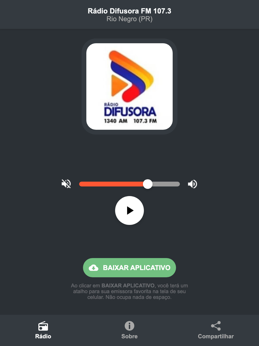Screenshot do aplicativo da Rádio Difusora FM 107.3