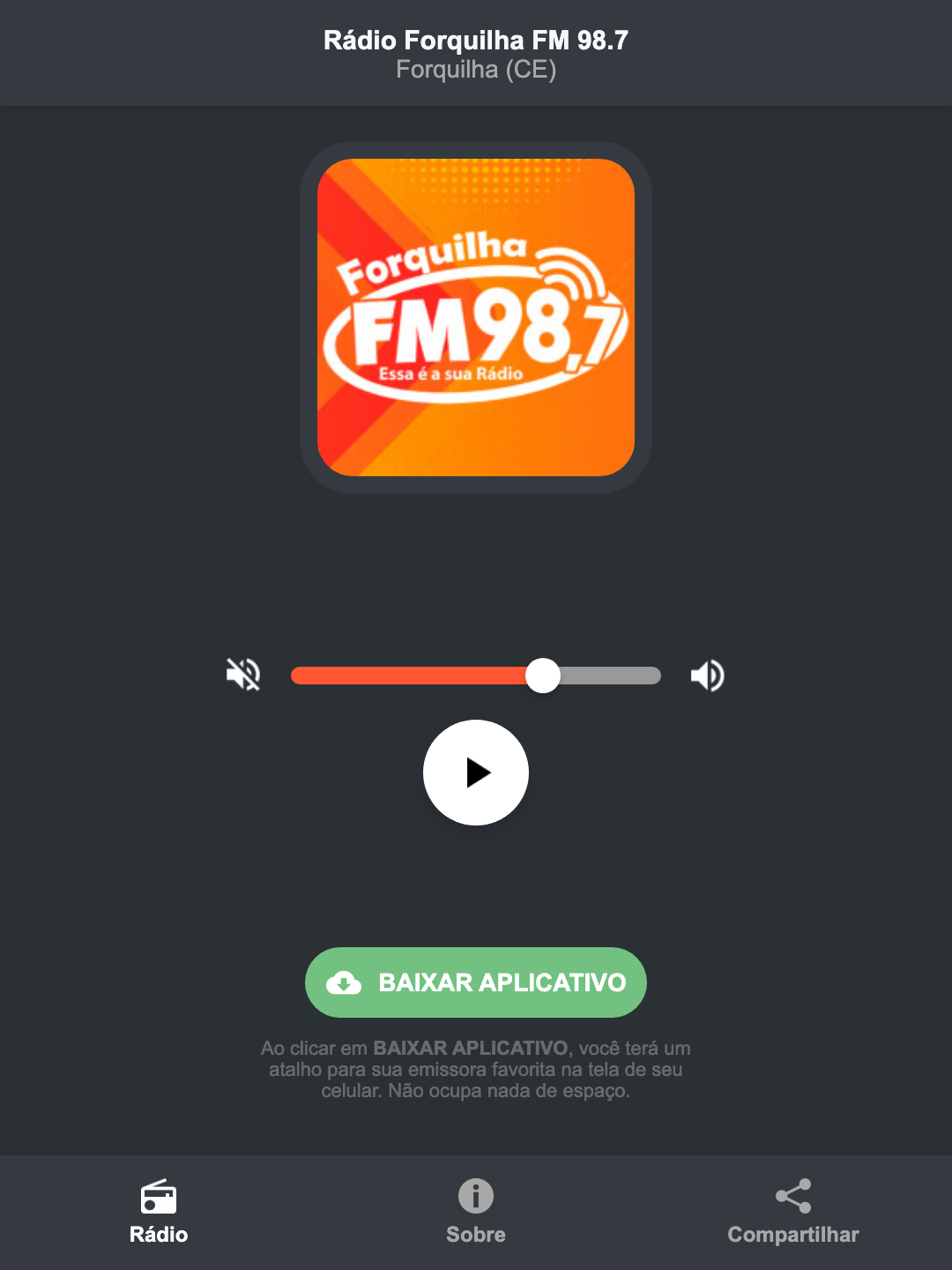 Screenshot do aplicativo da Rádio Forquilha FM 98.7