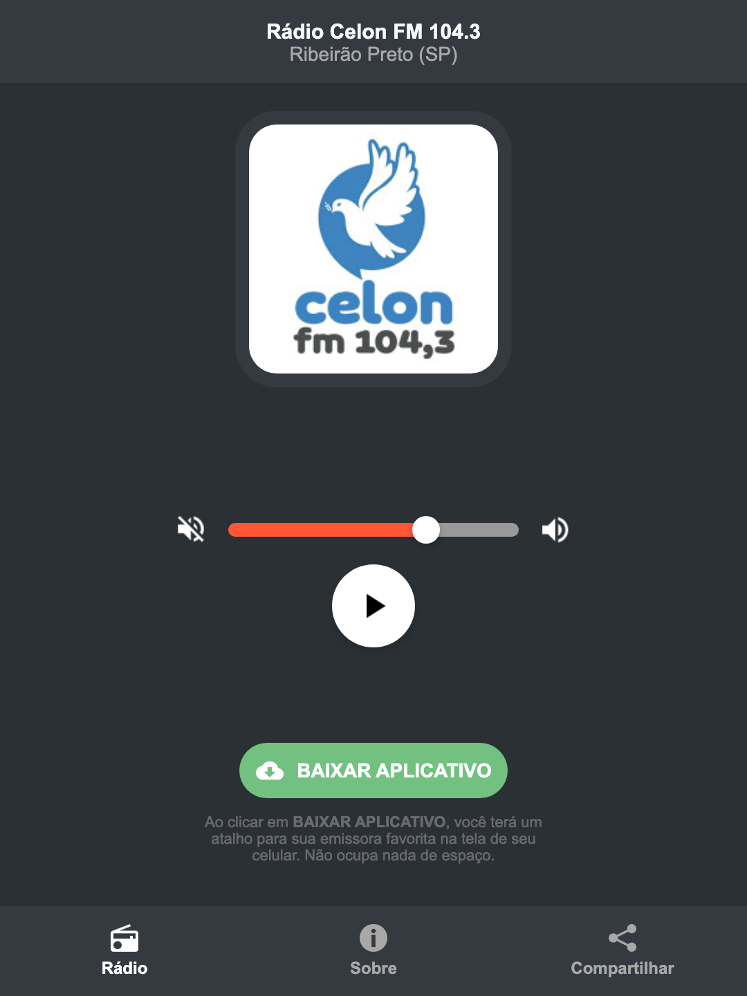 Screenshot do aplicativo da Rádio Celon FM 104.3