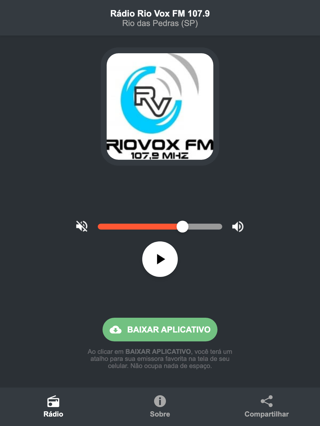 Screenshot do aplicativo da Rádio Rio Vox FM 107.9