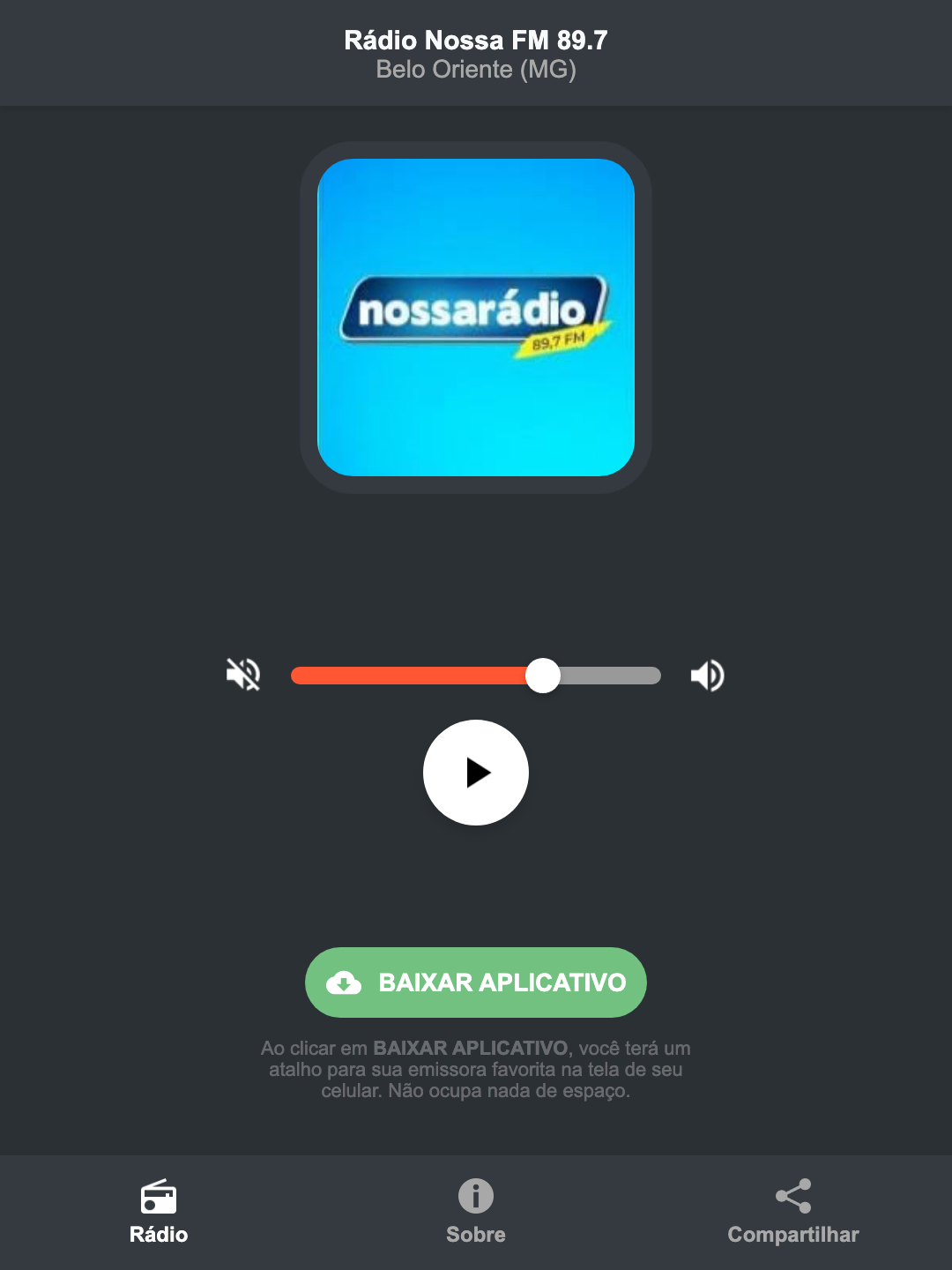Screenshot do aplicativo da Rádio Nossa FM 89.7