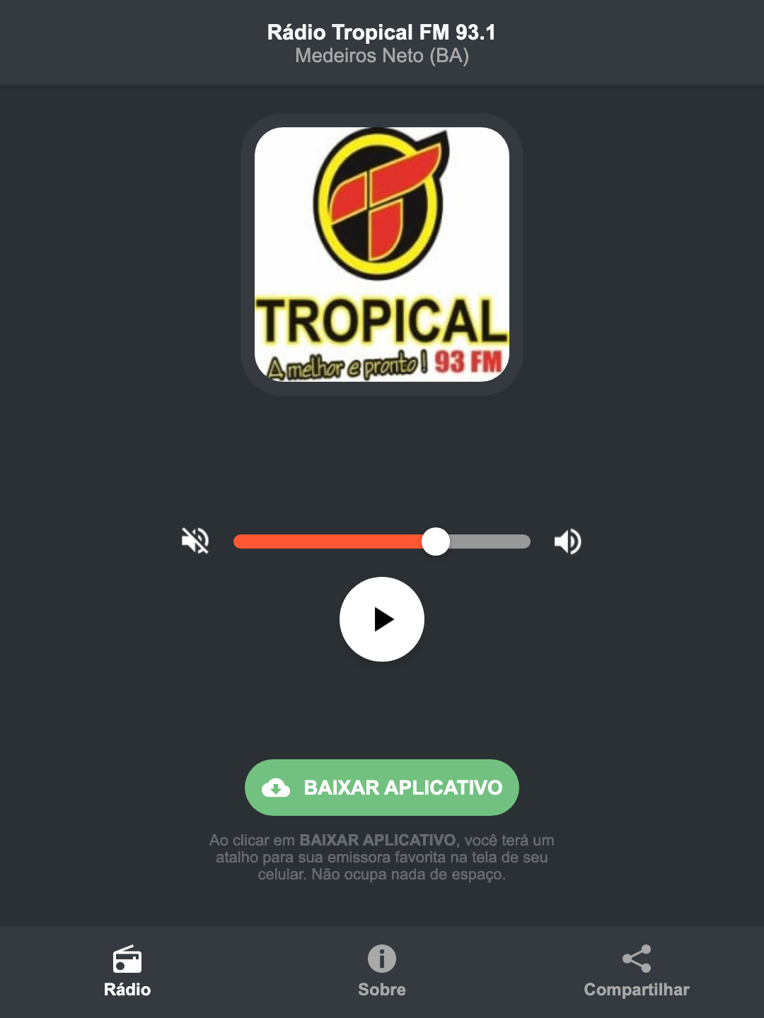 Screenshot do aplicativo da Rádio Tropical FM 93.1