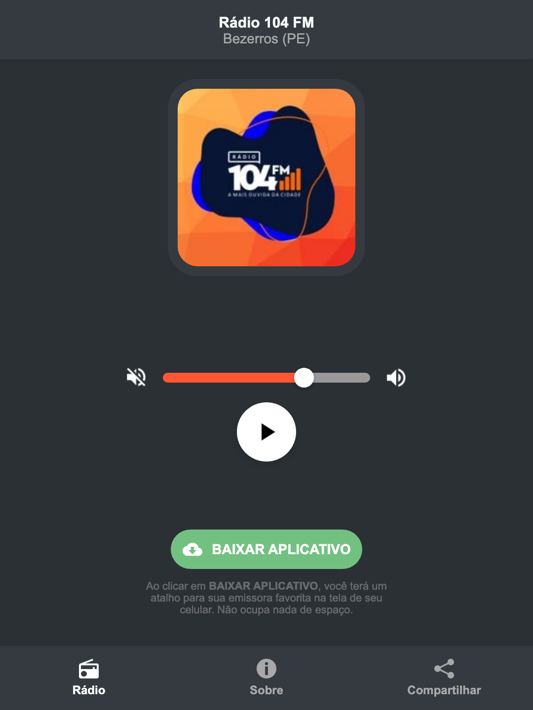 Screenshot do aplicativo da Rádio 104 FM