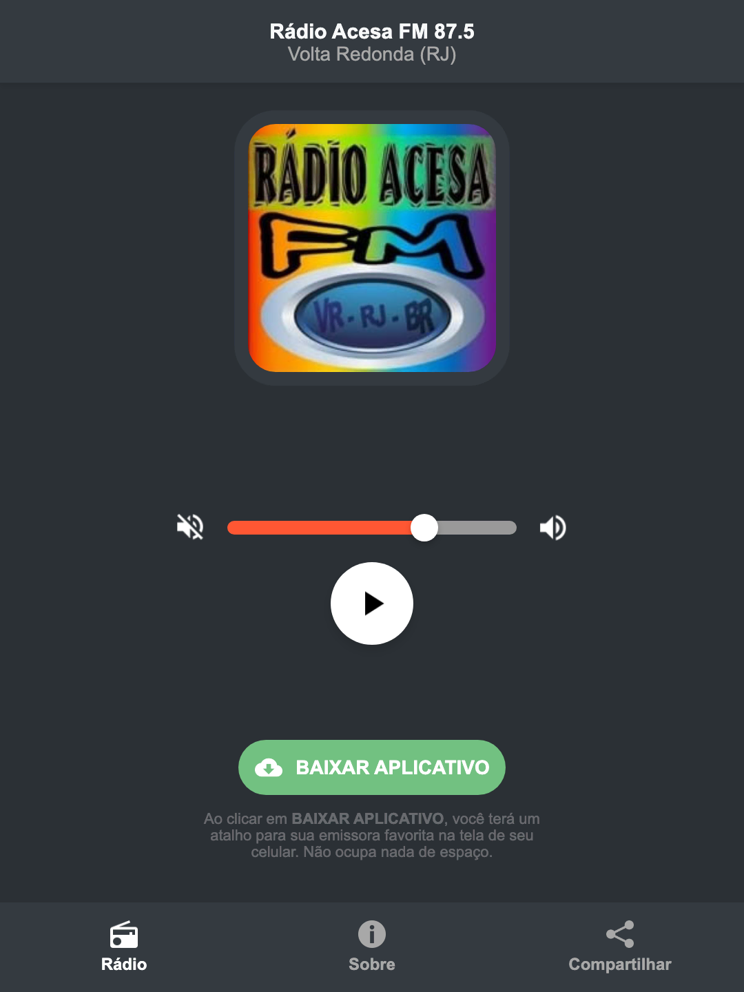Screenshot do aplicativo da Rádio Acesa FM 87.5
