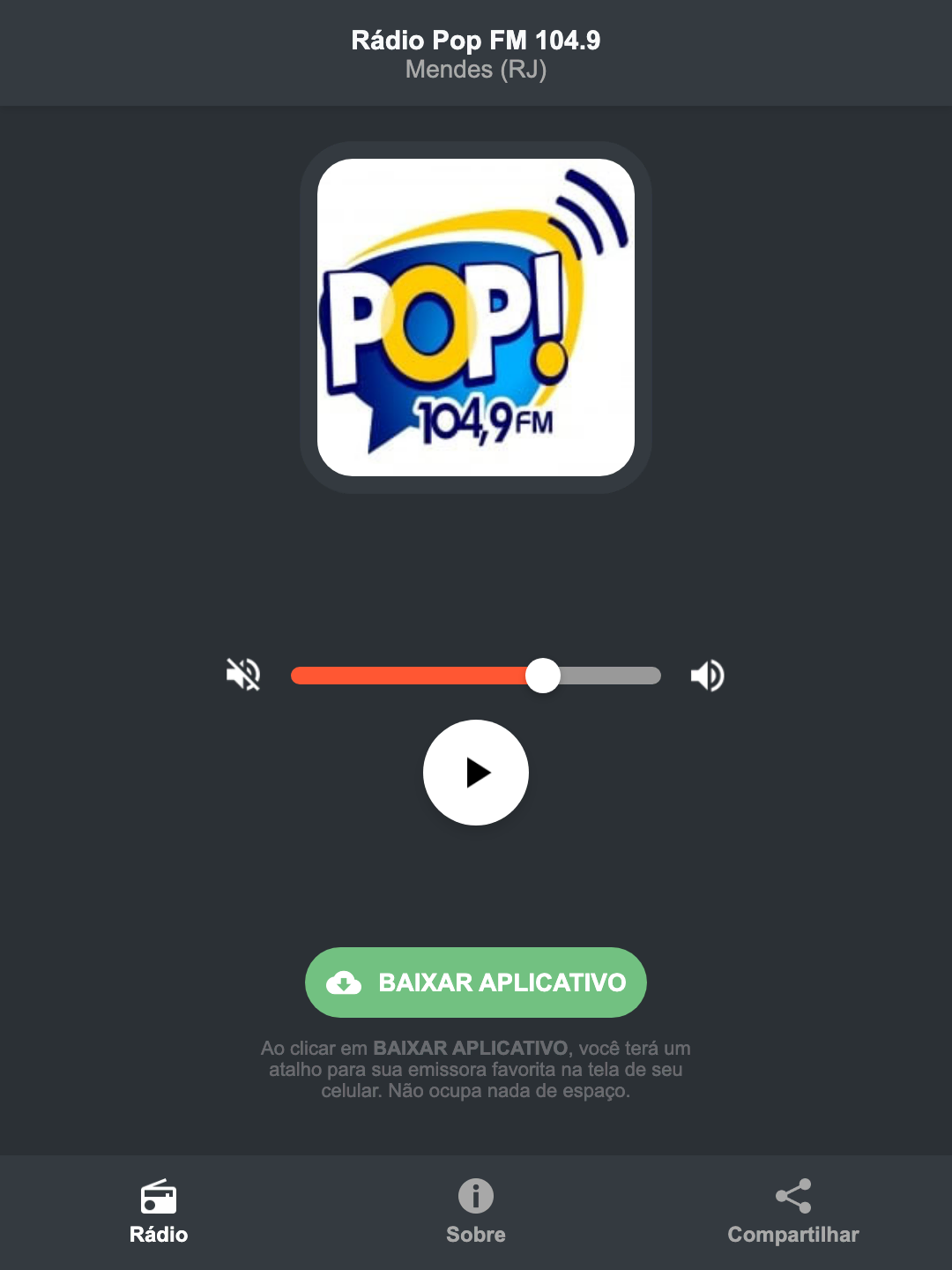 Screenshot do aplicativo da Rádio Pop FM 104.9