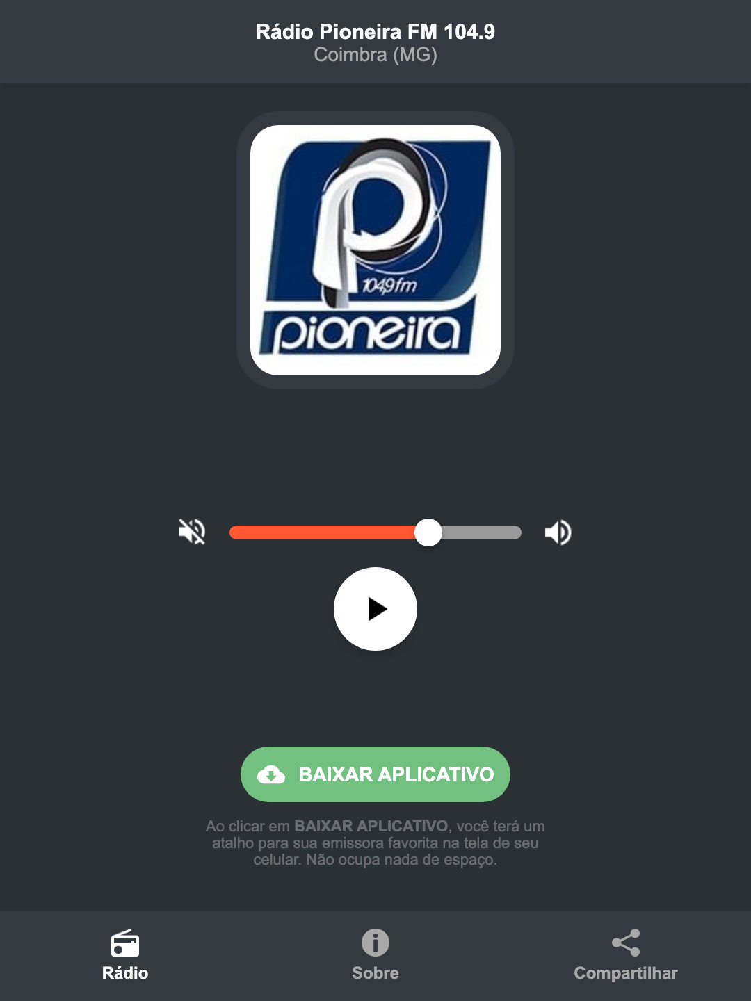 Screenshot do aplicativo da Rádio Pioneira FM 104.9