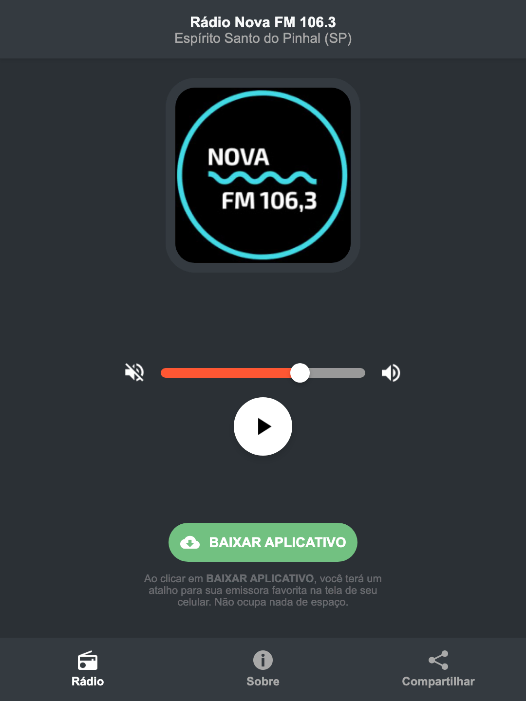 Screenshot do aplicativo da Rádio Nova FM 106.3