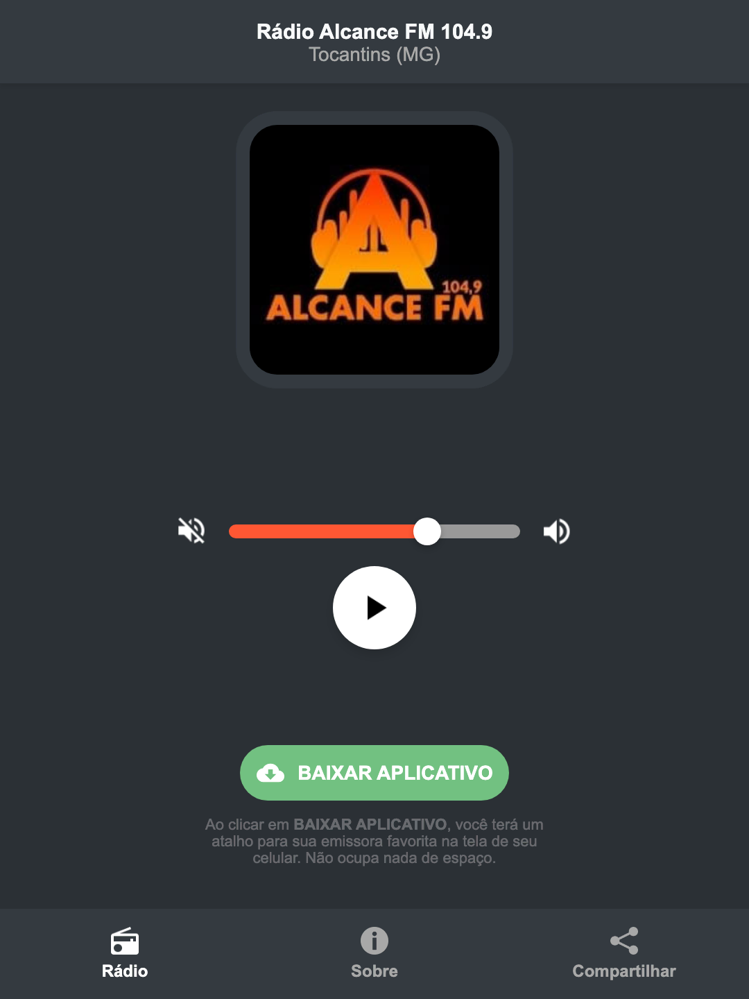 Screenshot do aplicativo da Rádio Alcance FM 104.9