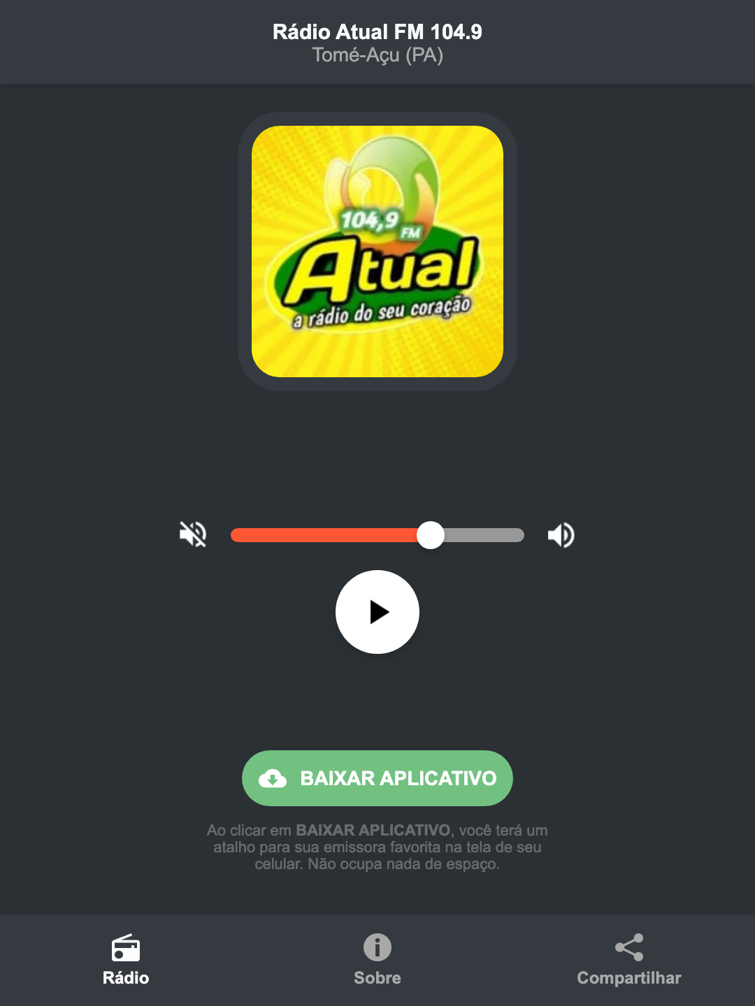Screenshot do aplicativo da Rádio Atual FM 104.9