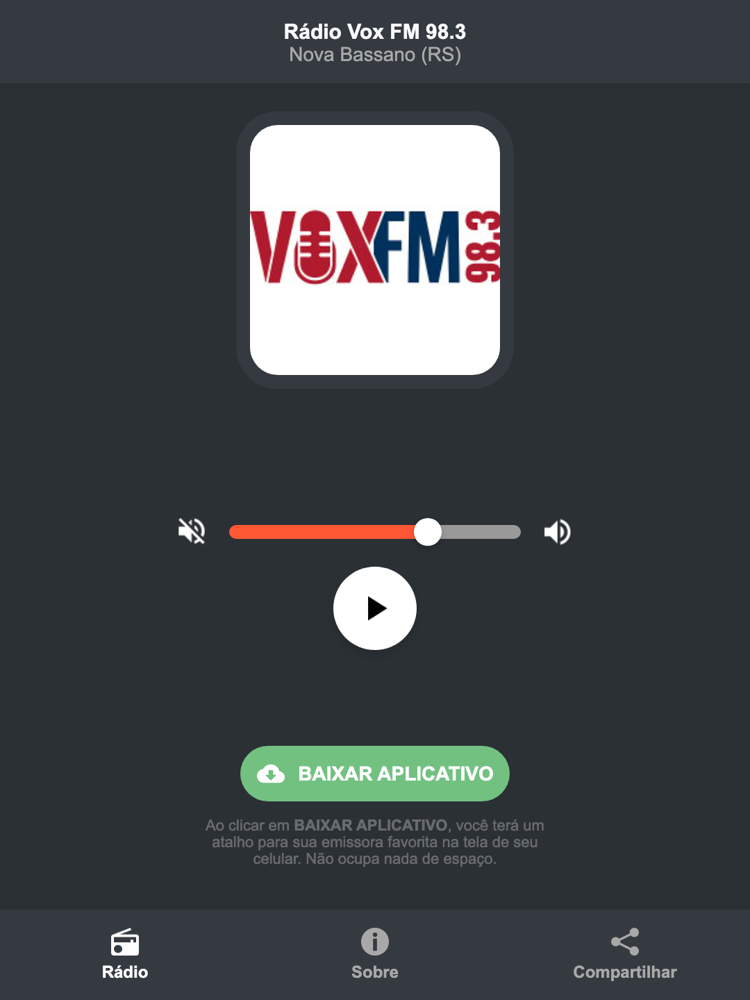 Screenshot do aplicativo da Rádio Vox FM 98.3