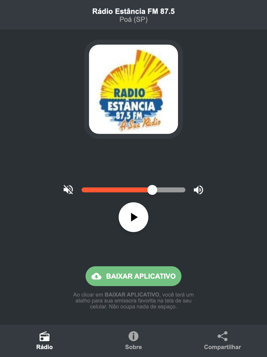 Screenshot do aplicativo da Rádio Estância FM 87.5